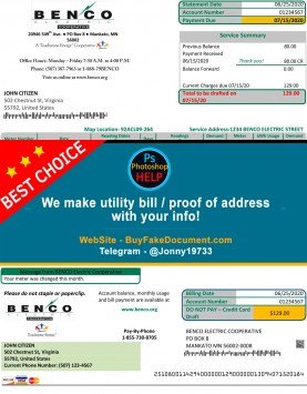 Minnesota Benco Elecric electricity utility bill Sample Fake utility bill